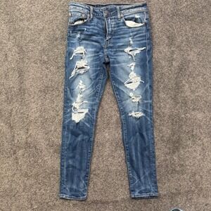 American Eagle Athletic Skinny Airflex+ Distressed Ripped Blue Jeans 29x30